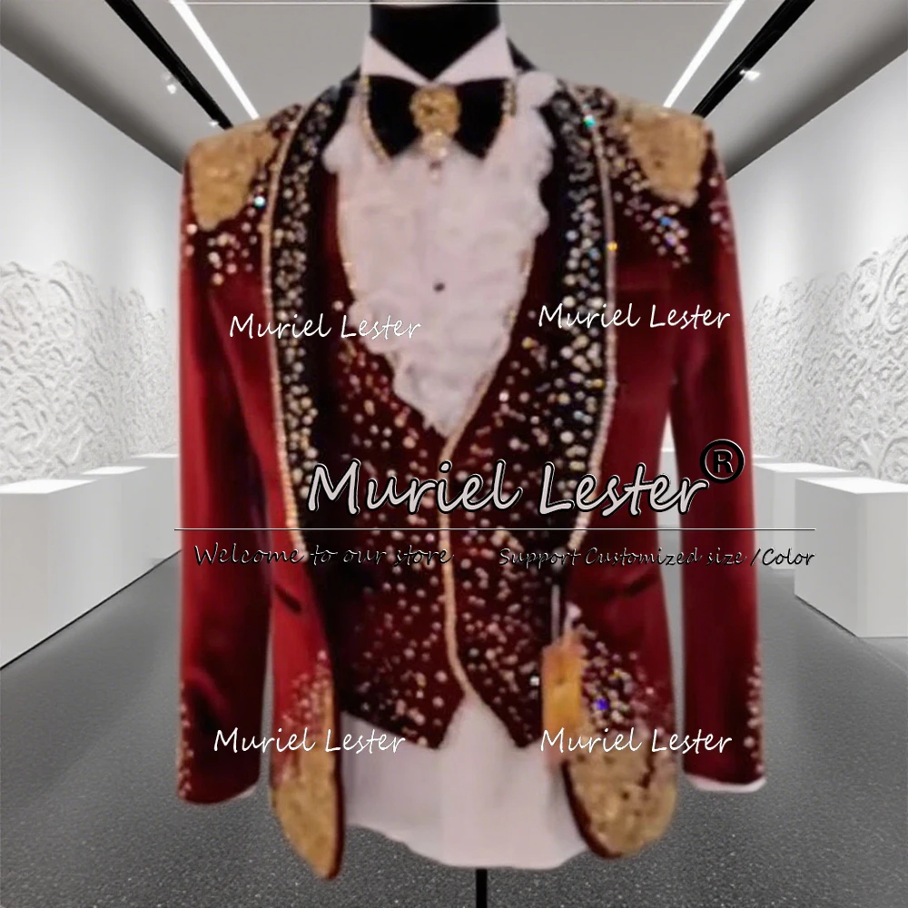 

Luxury Crystals Beaded Suits Men For Wedding 3 Pieces Sets Costume Homme Customized Shawl Lapel Prom Blazers Man Banquet Tuxedos