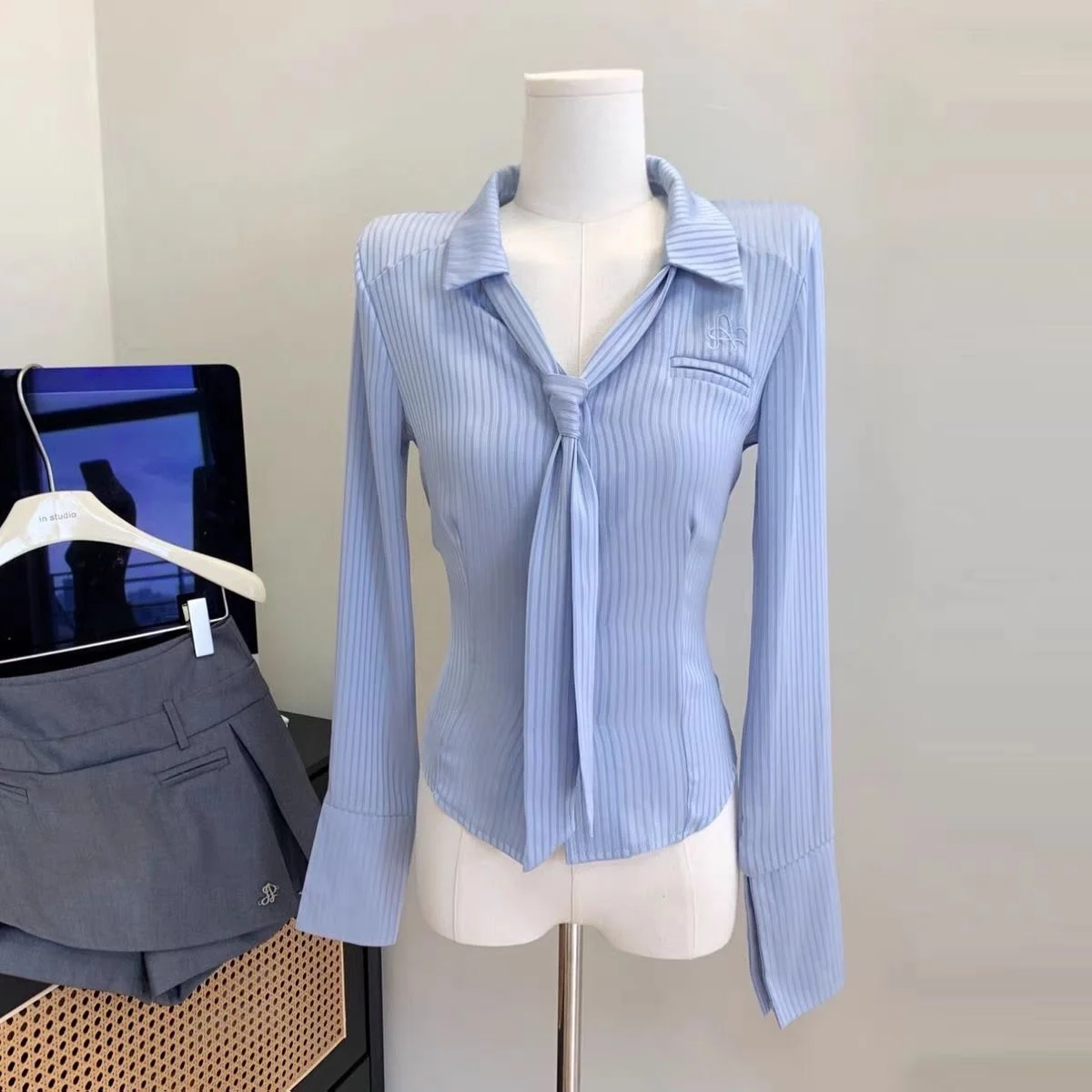 White Striped Waist-Cinching Long Sleeve Women's Shirt Spring Autumn Elegant Design Polyester Casual Neck Top