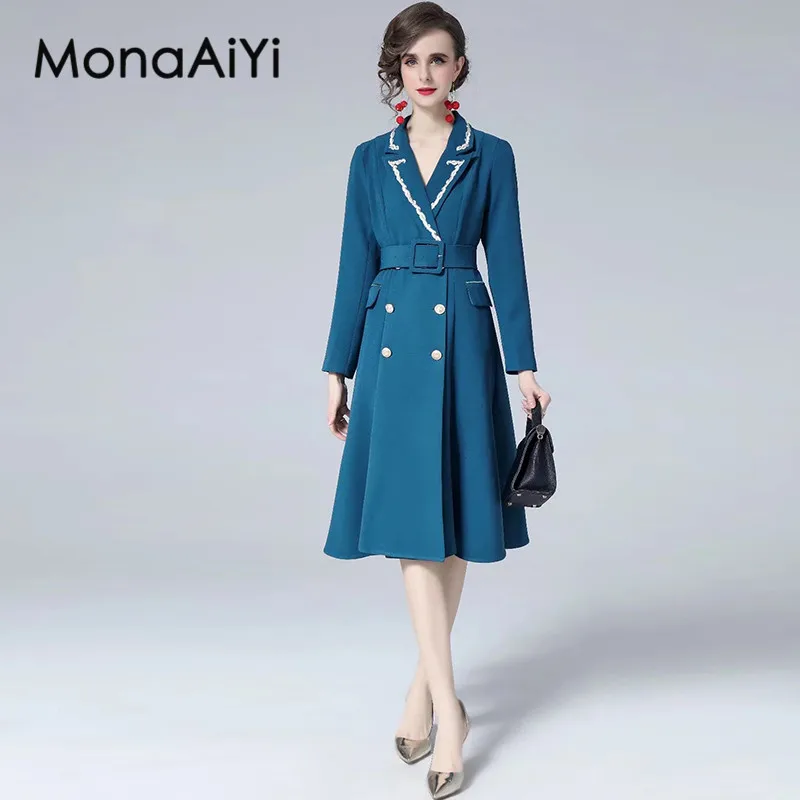 

MonaAiYi Autumn Women's Dress Elegant Notched Collar Long sleeve High Waist Lace-Up Pocket Commuter Office Work Dresses