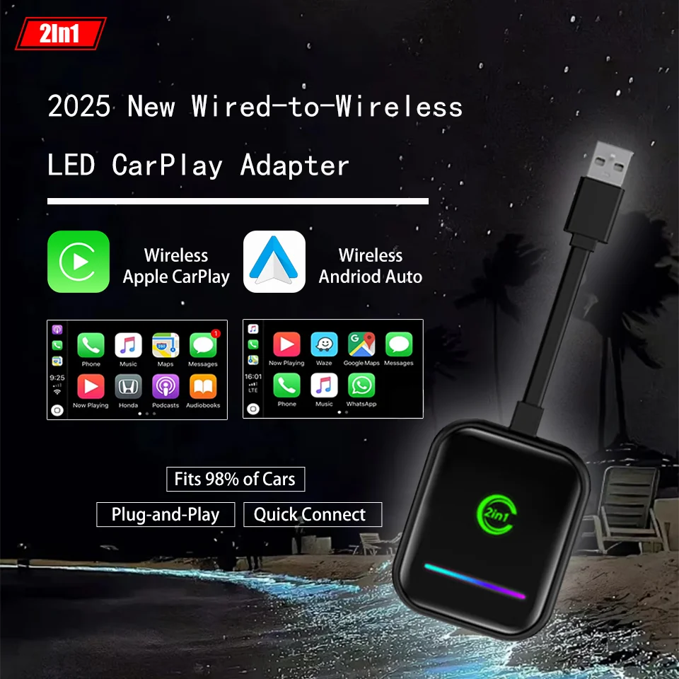 

New 2In1 Mini Led CarPlay Box Wireless Android Auto & Wireless CarPlay Adapter Plug & Play Auto Connect Fits 98% of Cars