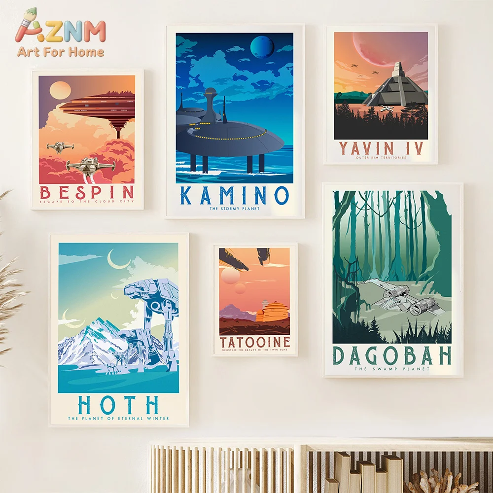 AZNM Retro Sci-Fi Planet Travel Canvas Wall Art Star Wars Hoth Kamino Tatooine Spaceship Print Unframed Canvas Painting Game Roo