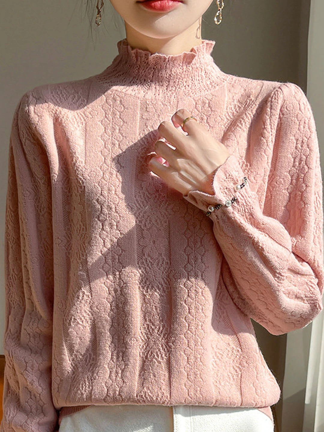 Fall Winter Lace Trim Knit Top Women's Half High Collar Base Layer Shirt Casual Style Loose Fit Long Sleeve Polyester Fiber