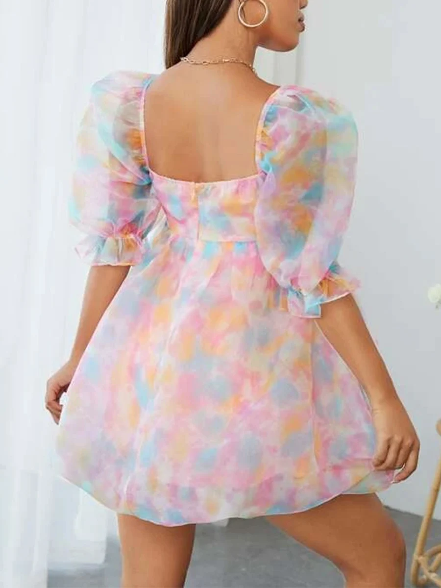 Vestido corto de manga abombada con estampado Floral para mujer, ropa de calle de fiesta de noche, cuello cuadrado, línea A, dulce, Vintage, Verano