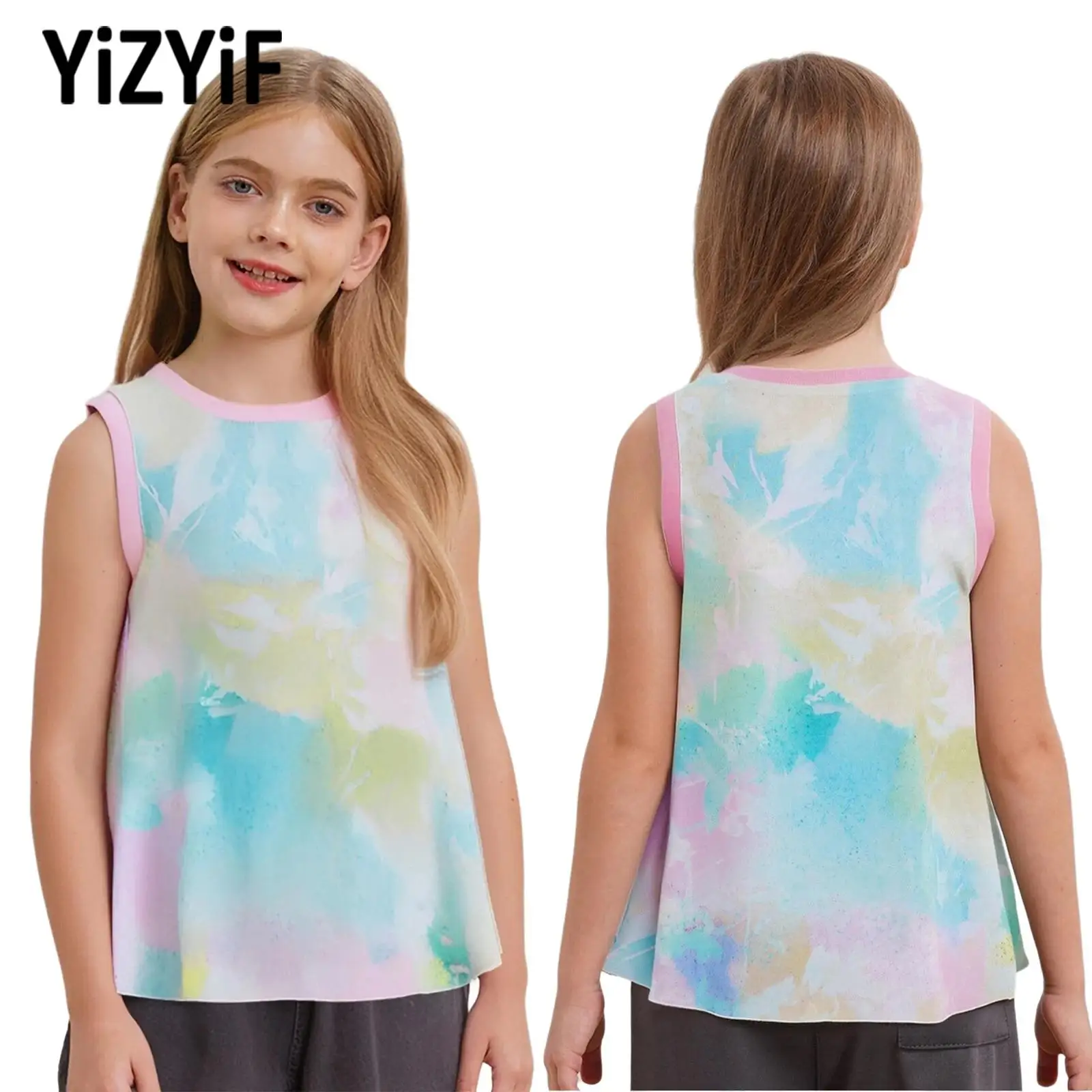 

Kids Girls Fashion Printed Sports Vest Quick-Drying Tracksuit Round Neck Sleeveless Tank Top for Yoga Gym Workout Skating Dance