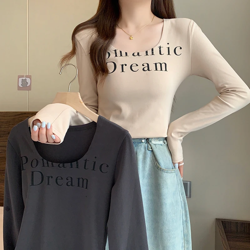 

2023 new women's wear European and American style fashionable slim slim slim letter top round neck T-shirt