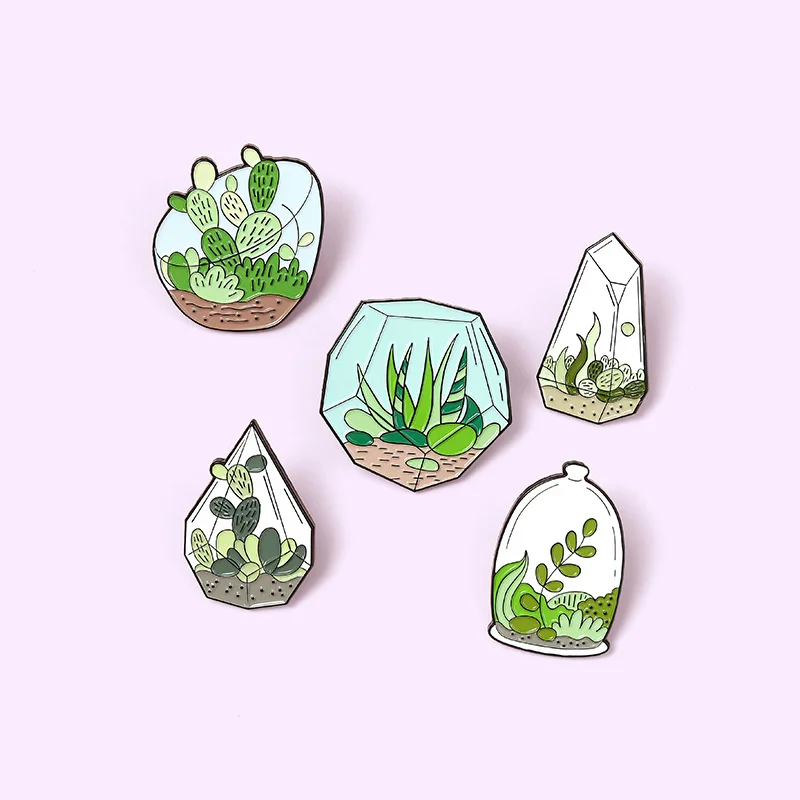 Potted Plant Enamel Pins Custom Terrarium Cactus Aloe Brooches Bag Clothes Lapel Pin Green Plant Badge Jewelry Gift for Friends