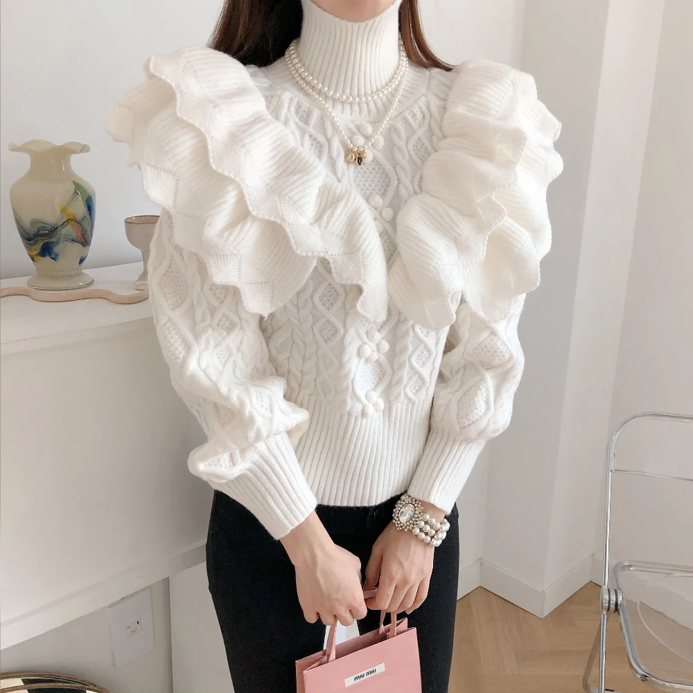 Ruffles Design England Style Turtleneck Outfit Sweater Women Spring Autumn Winter Ladies Elegant Party Pullovers Dropshipping