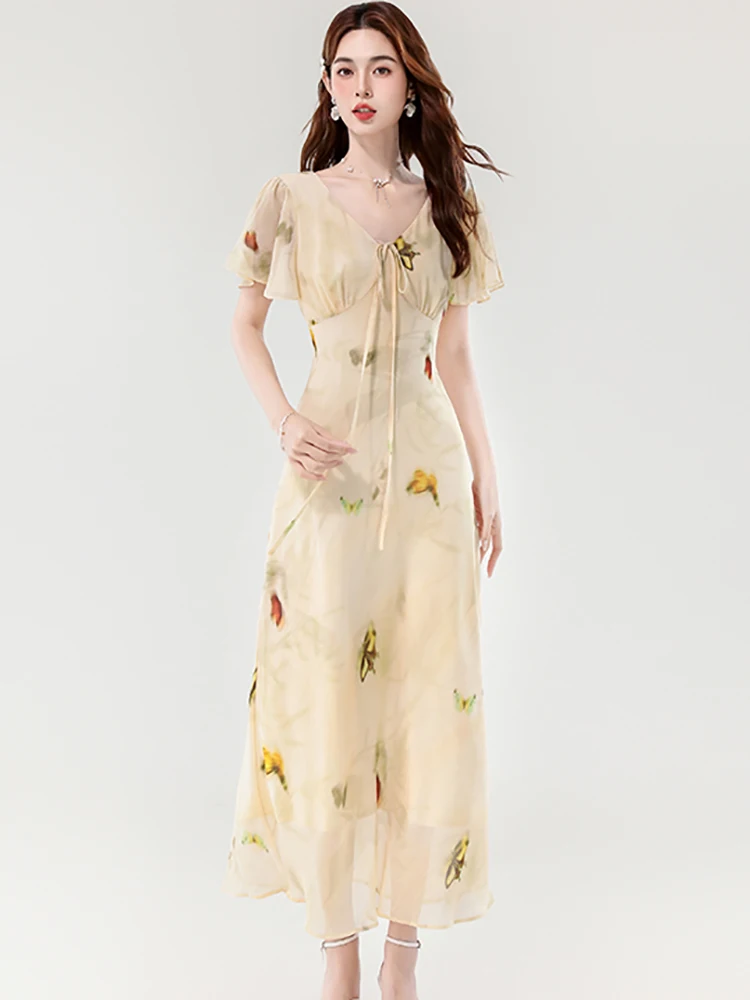 Abito lungo causale in chiffon floreale Boho da donna Abito estivo con maniche a farfalla Chic con fiocco con scollo a V 2025 Abiti eleganti coreani di un pezzo