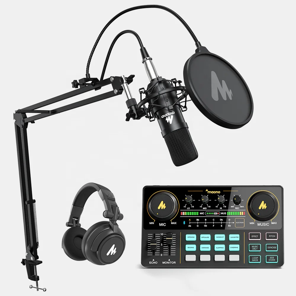 Micrófono de Estudio MAONO, Kit de Micrófono para PC con Tarjeta de Sonido V8, Interfaz de Audio para Podcast en Vivo, Equipo de Podcast, Tarjetas de Sonido para Podcast