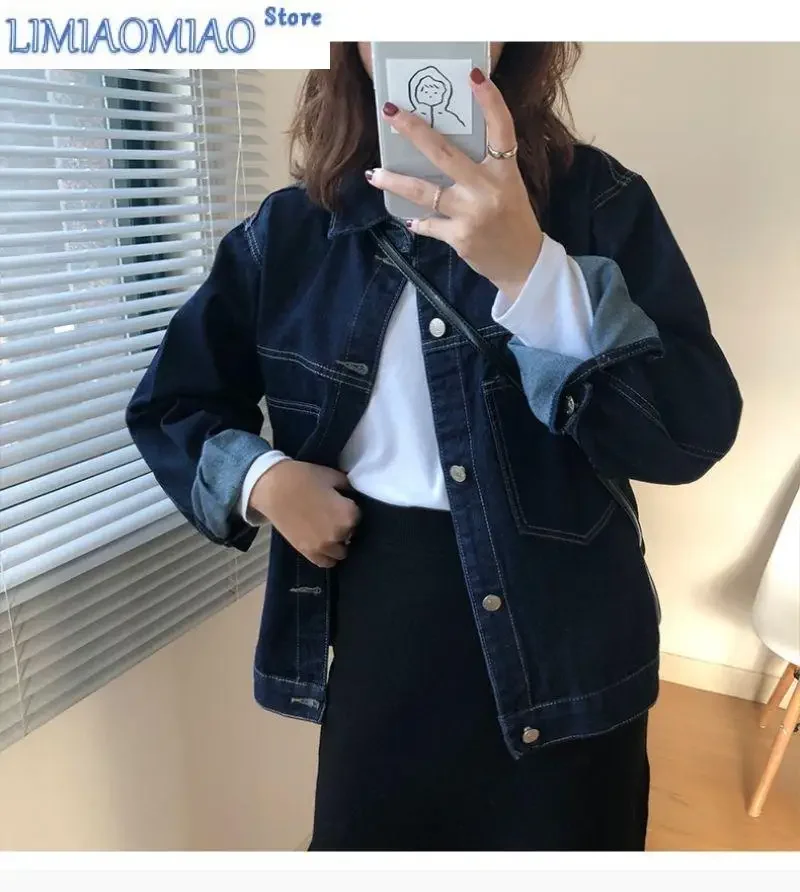 New Navy blue denim lapel jacket Women's spring autumn jacket coat Korean casual fashion loose shorts denim Jacket woman