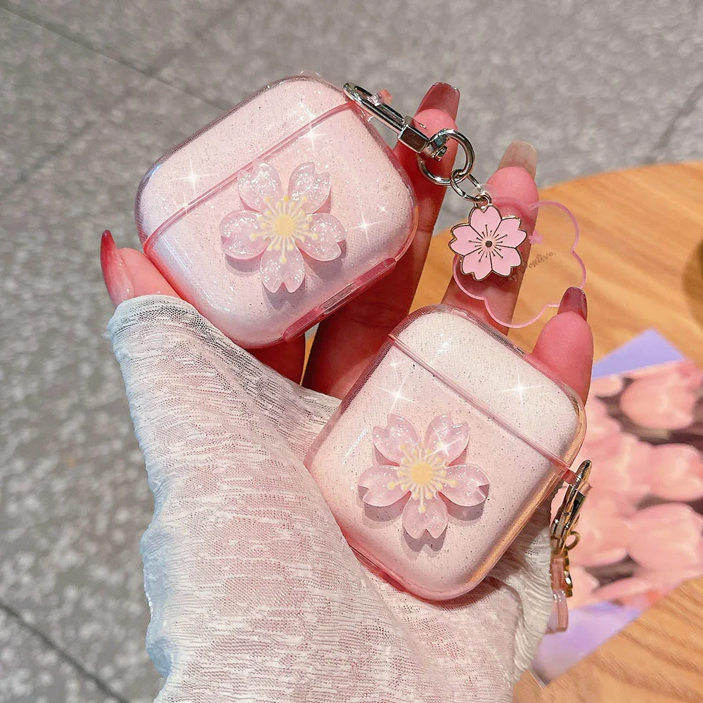 

INS Korean Cute Glitter Pink Flowers Headset Case For Airpods 1 2 3 Headphone Cover Bracelet For Airpods 3 Pro Transparent