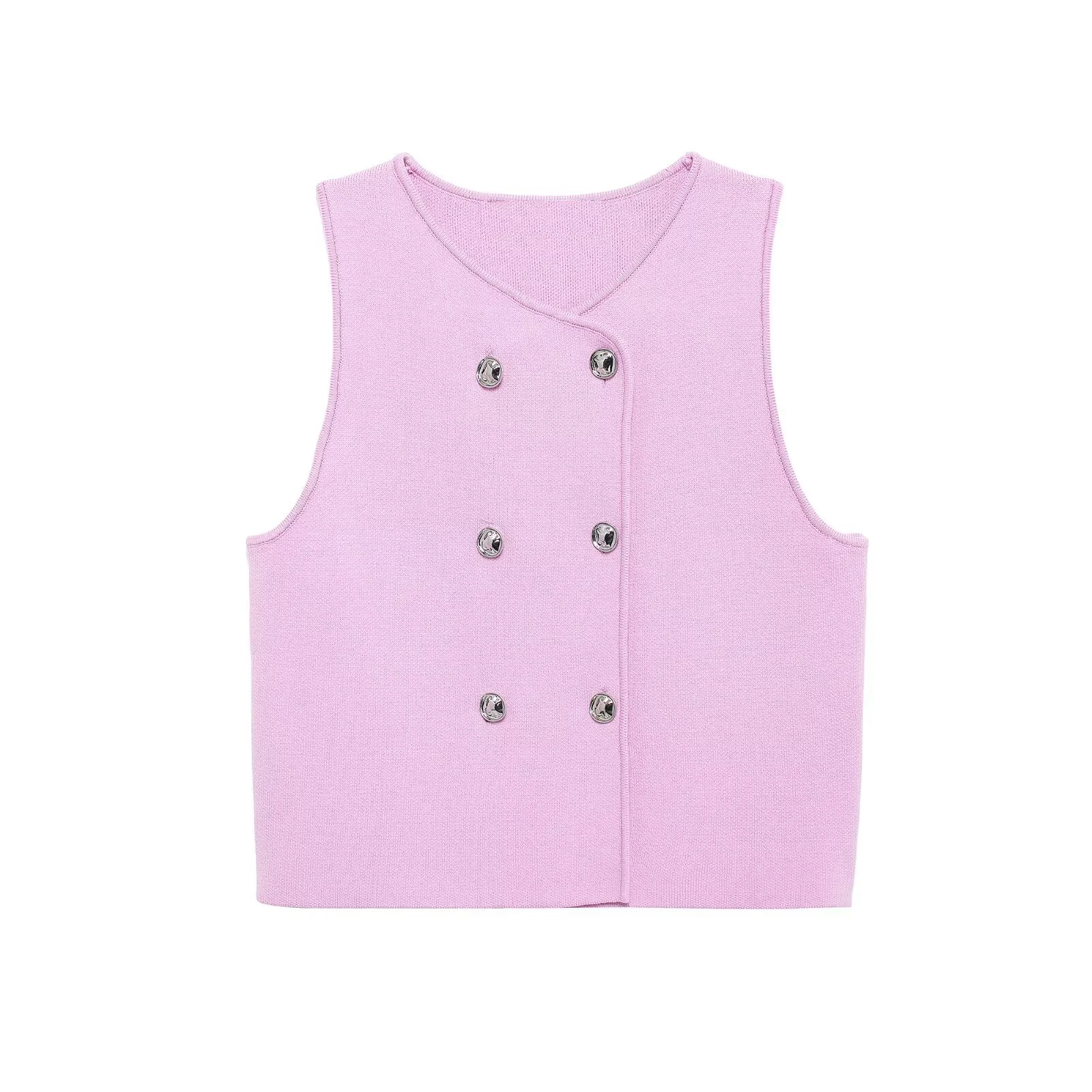 Tangada 2024 Fashion Women Pink Buttons Knitted Sweater Jumper Sleeveless Cropped Cardigan 3H0692