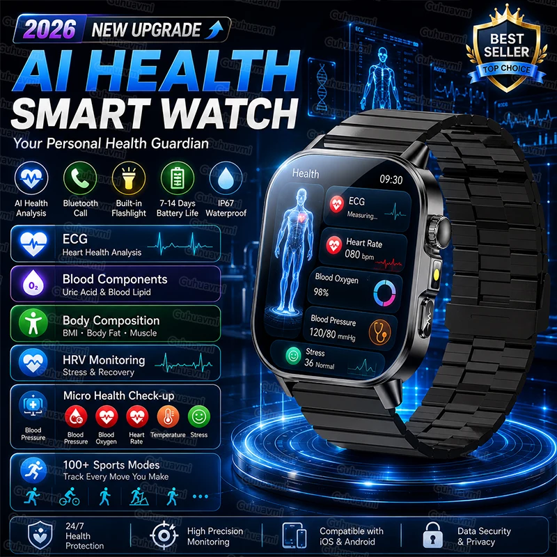 

2026 New ECG+PPG Smart Healthy Diagnosis Surveillance Body Analysis Blood Pressure Lipid Uric Acid Health Smart Watches For Men