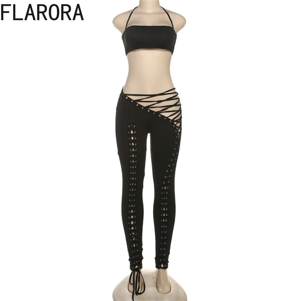 FLARORA موضة ضمادة 2 قطعة مجموعات امرأة الرسن عارية الذراعين قطع علوية بدون أكمام و الجوف خارج Shiring السراويل وتتسابق Y2k الشارع الشهير