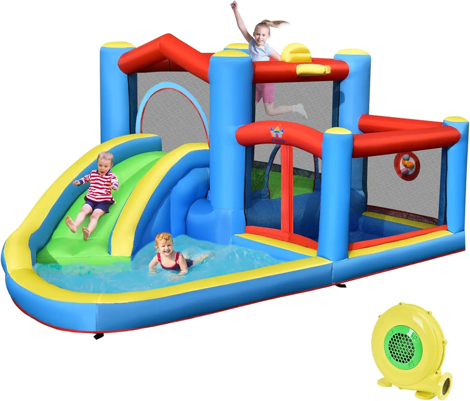 

Inflatable Water Slide, Bouncy House for Kids 5-12 Indoor Outdoor Party Family with 480w Blower, Target Balls, Splash/Ball Pool,