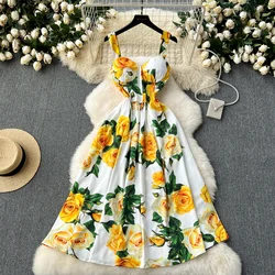 Summer New Yellow Rose Print Spaghetti Strap Dress Women's V-Neck Sleeveless Cup Padded Backless Elastic Holiday Beach Sundress