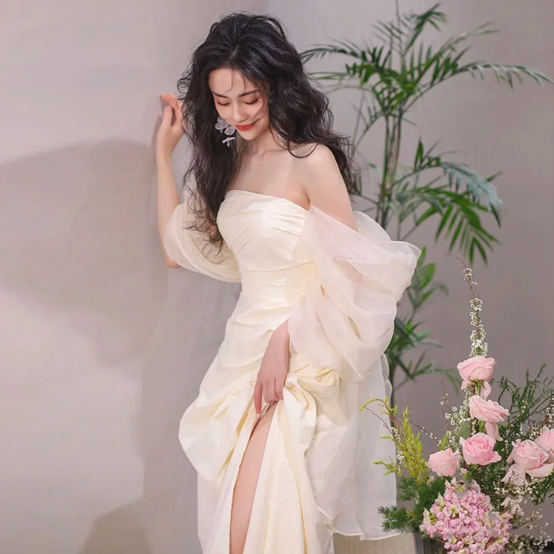 Strapless Satin Wedding Dress For Brides Simple And Long French Style Super Fairy Forest Style Dress Wedding Dress  Customized