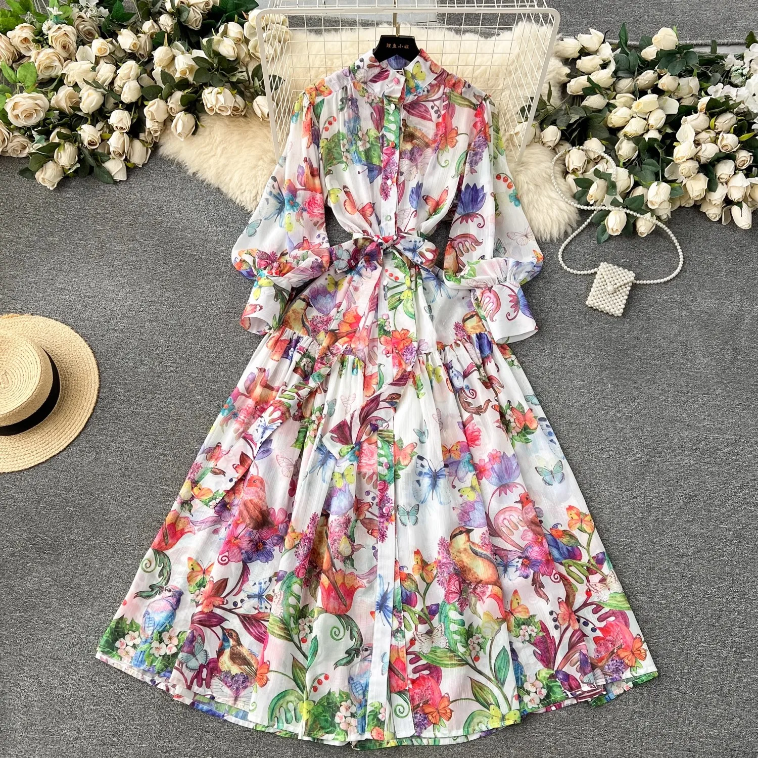 

Bohemian Floral Chiffon Summer Dresses for Women Runway Stand Lantern Sleeve Belt Beach Holiday Long Vestidos Boho Robe 2056