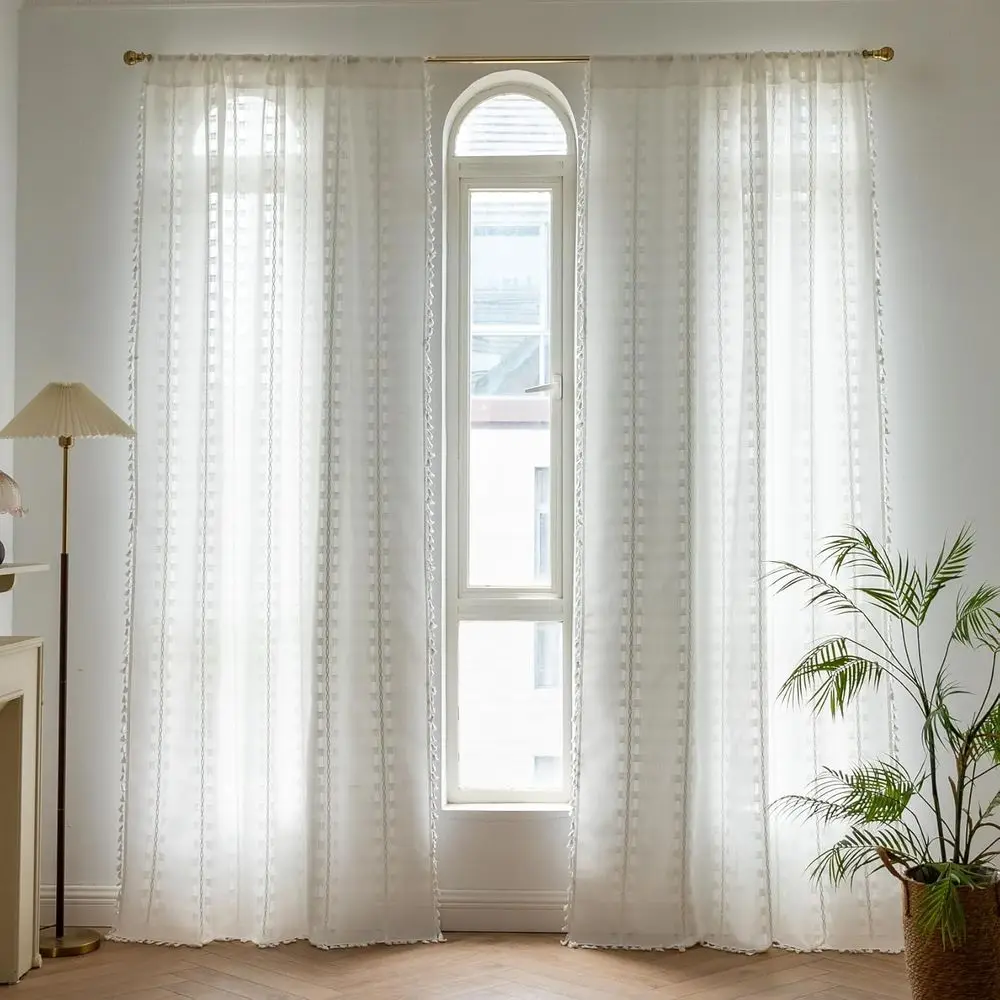 Cortinas de linho semitransparentes vintage, 96 longas, 2 painéis boho para sala de estar, quarto, berçário, filtragem de luz, privacidade, bo neutro