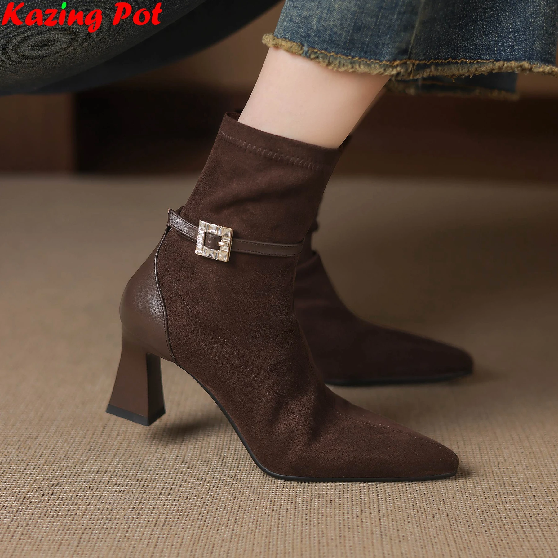 

Big Size 34-42 Flock Pointed Toe High Heels Modern Stretch Boots Winter Autumn Shoes Office Lady Dating Zipper Women Ankle Boots