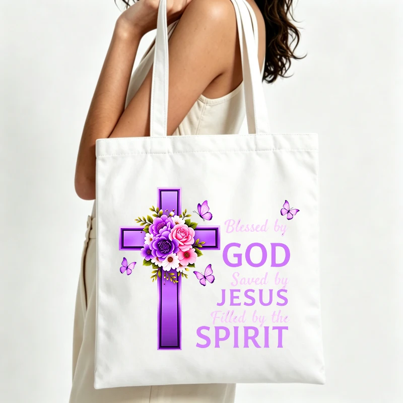 cross and floral graphic canvas tote bag with letter print, casual style for daily use and church outings