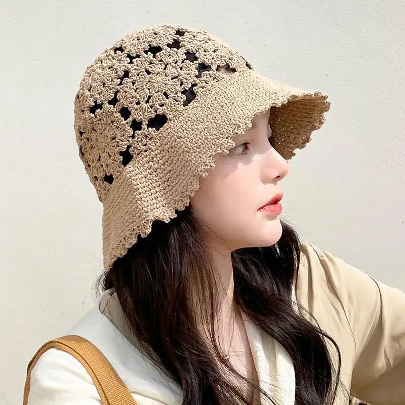 Summer Women\'s Bucket Hat Thin Fashion Western Style Hat Female 2021 Hot Hollow Crocheted Knitted Hat Look Small