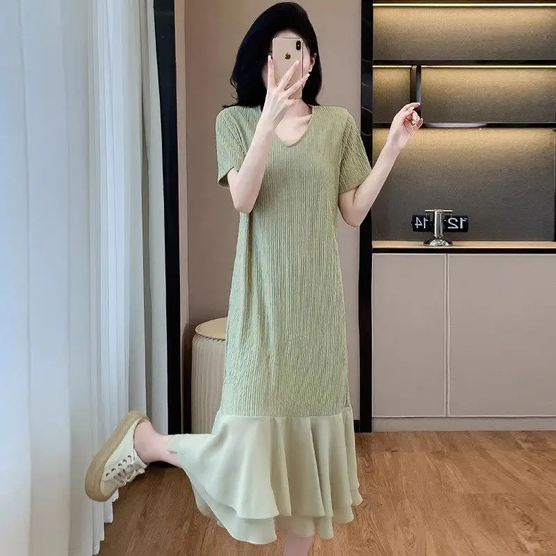 レディース オーバーサイズ 韓国風 2025 夏新作 コントラストカラー ルーズ ロング フィッシュテール ワンピース エレガント カジュアル Tシャツワンピース G964