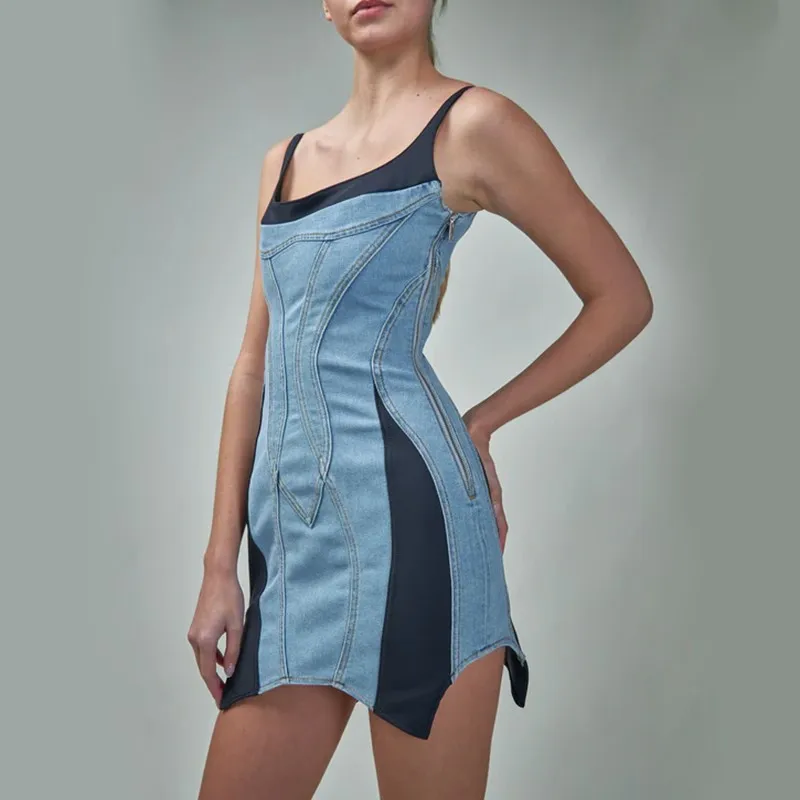 BPN Streetwear Patchwork Denim Dresses For Women Square Collar Sleeveless High Waist Slimming Hit Color Mini Dress Female Style