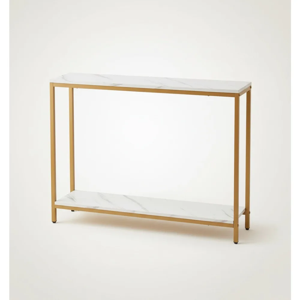 

Elegant Faux Marble Console Table with Golden Frame, Double Layer Sofa Table for Entryway Living Room