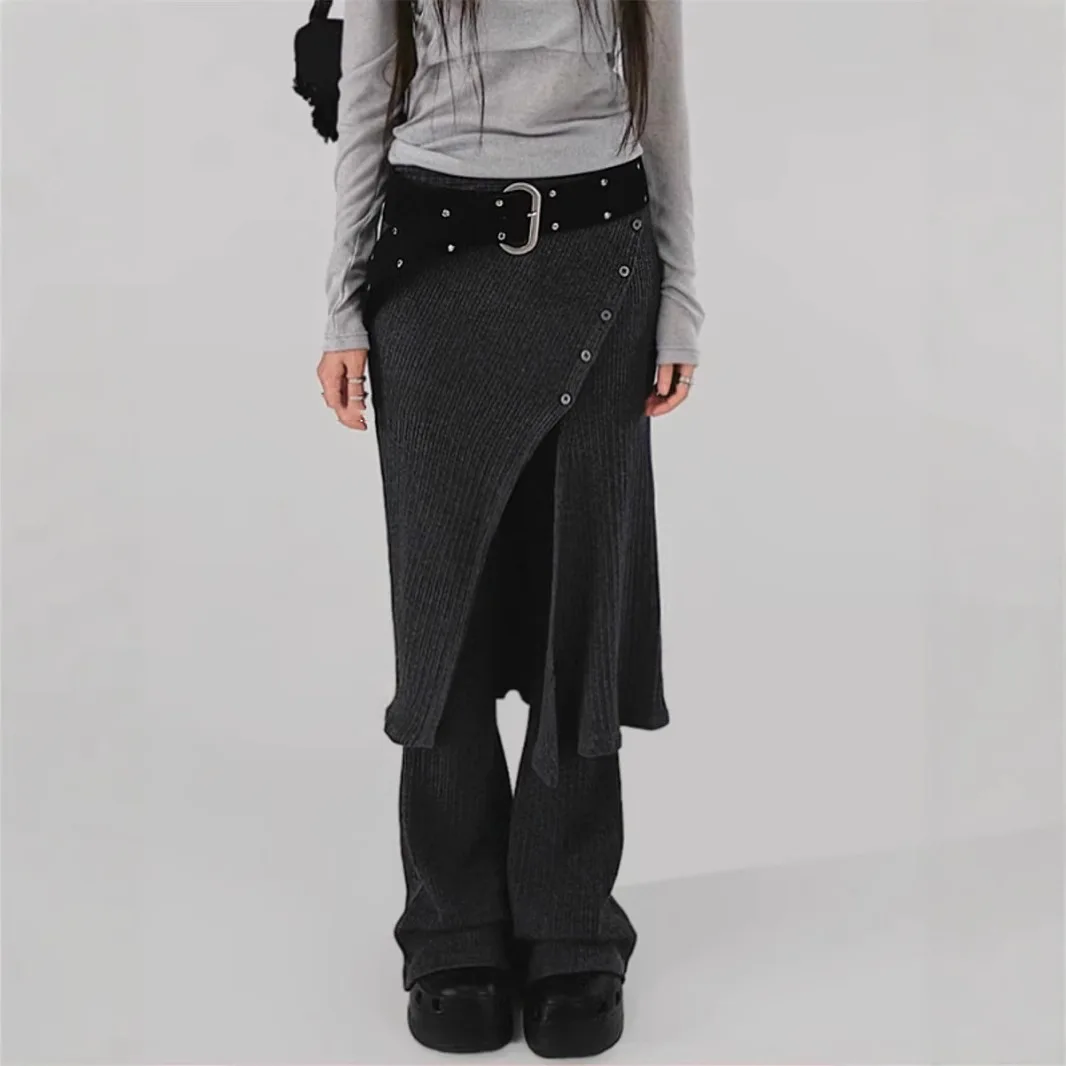 Уличный тренд, модная трикотажная юбка с высокой талией для похудения + брюки прямого кроя, повседневный универсальный тренд, дизайн комплекта из двух предметов