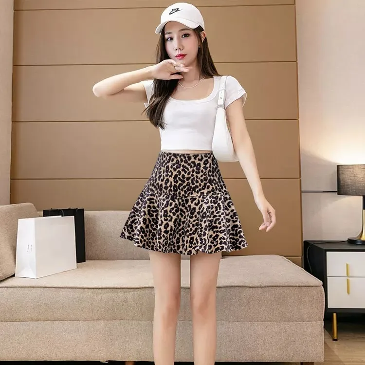 Fashionable Leopard Print Short Skirt Women's High Waist Slimming Hip Covering Full A-Line Skirt Korean Style Autumn Winter