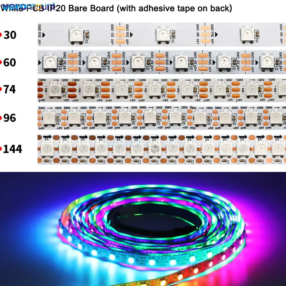 DC 5V WS2812B Individually Addressable 5050 RGB LED Strip WS2812 Smart Pixels LED Light Black White PCB IP20/65/67 Waterproof
