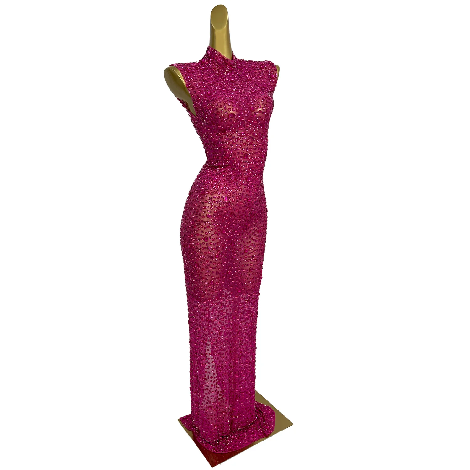 Vestido rosa brillante con diamantes de imitación para fiesta de cumpleaños, vestido de cena de talla grande para mujer, ropa de discoteca, vestido de noche largo sin mangas para graduación