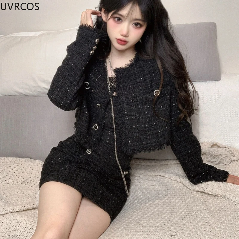 Black Korean Style Retro Elegant Two Piece Set Women Fashion Tassels Short Jackets Casual Strap Party Mini Dress Female Y2k Suit