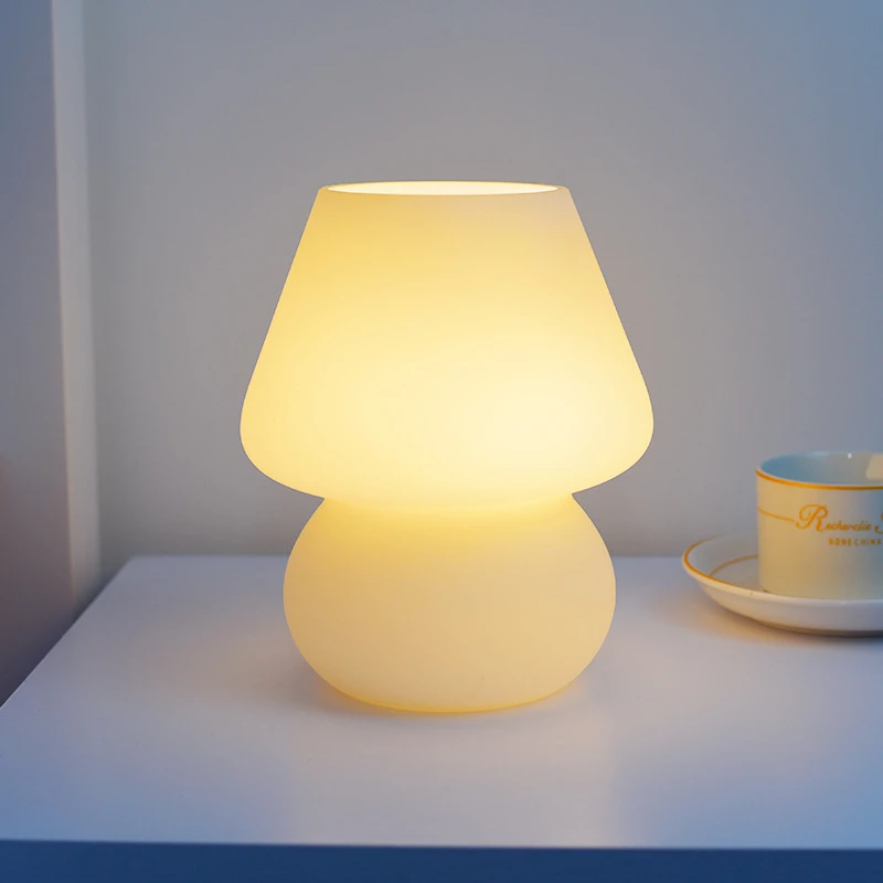 Ins Creative Glass LED Lamp Bedroom Bedside Table Night Light Striped Frosted Mushroom Table Simple Decoration Cute Translucent