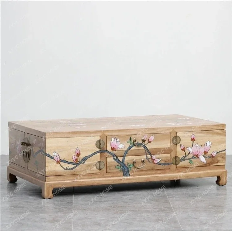 

SSNew Chinese-style painted coffee table solid wood antique hand-painted living room tea table storage large-capacity coffee tab
