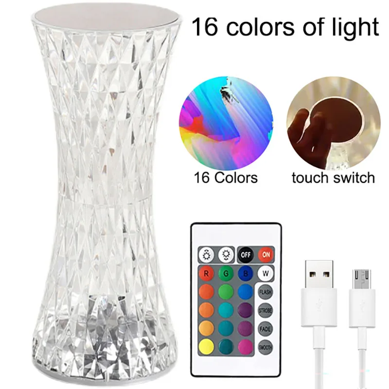 LED Crystal Table Lamp Touch Night Light USB Projector 3/16 Colors Touch Adjustable Romantic Diamond Atmosphere Light