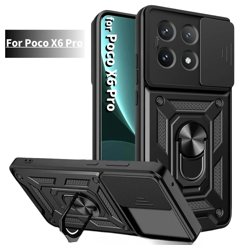 Capa For POCO X6 Pro 5G Case Armor Slide Camera Lens Protection Phone Cover for POCO X6Pro PocoX6Pro Ring Stand Shockproof Funda