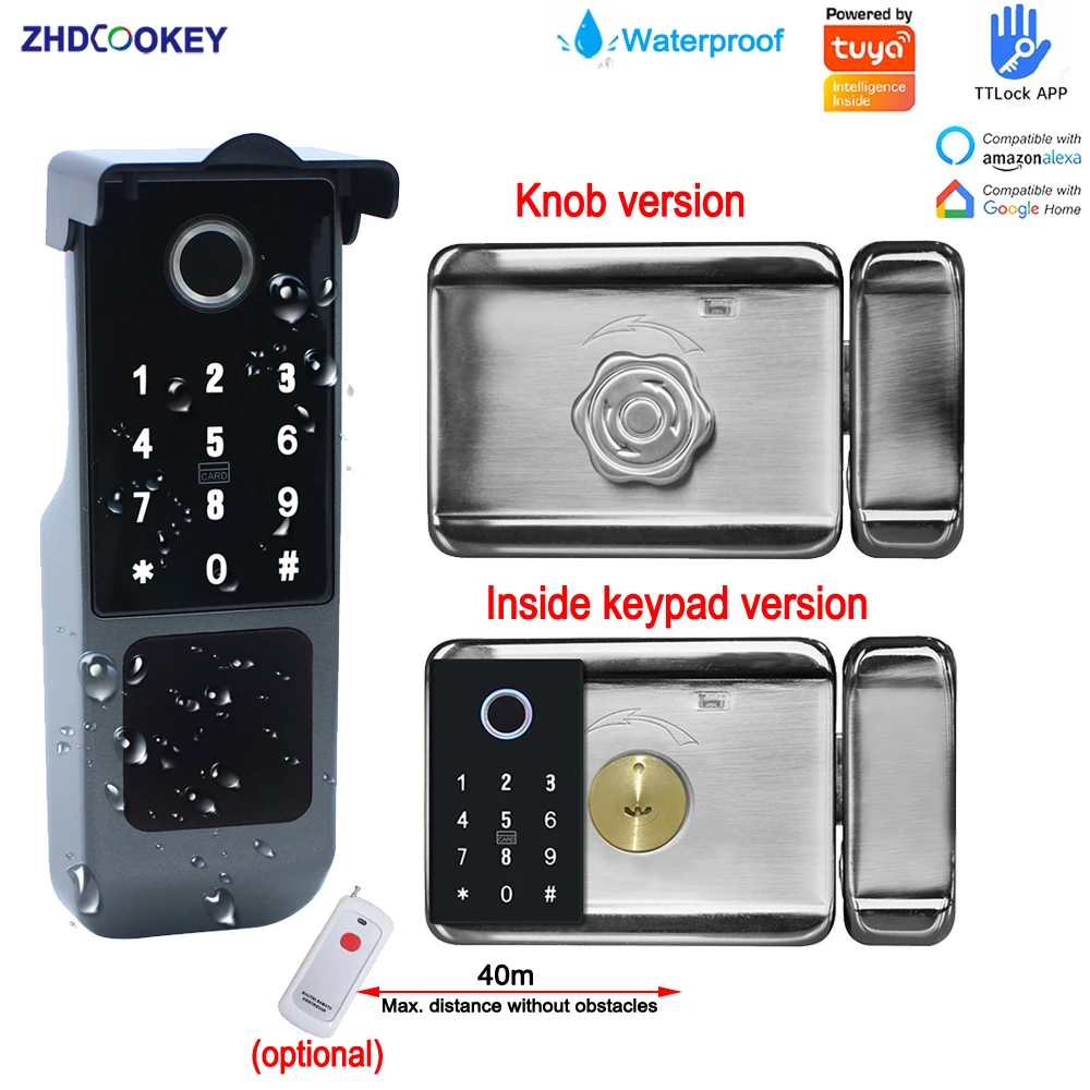Waterproof Tuya Wifi  Remote Smart Door Lock Fingerprint Keypad Knob Keyless Entry Outdoor Gate TTlock App Electronic Rim Lock