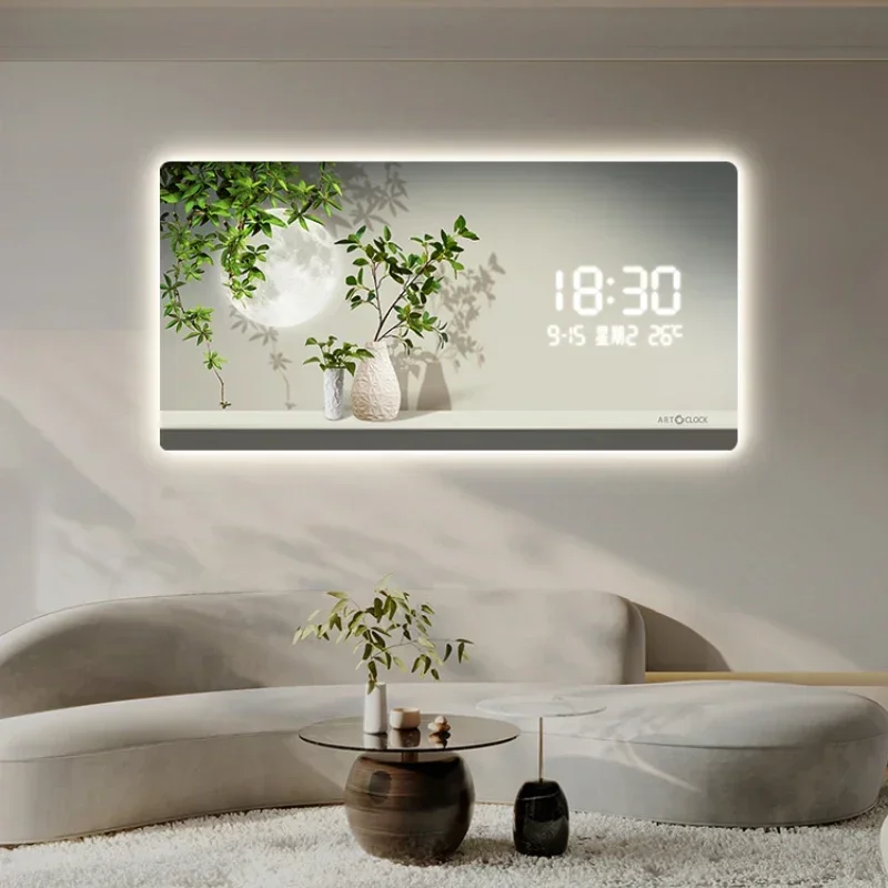 Simple Green Plant Digital Electronic Clock Living Room Decoration Painting Plug-in Digital Display Screen Light Wall Clock