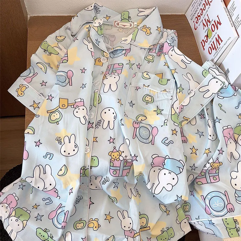 

New Kawaii Cute Rabbit Summer Girls Short Sleeved Shorts Pajamas Ice Silk Thin Style Student Dormitory Home Clothes Girl's Gift