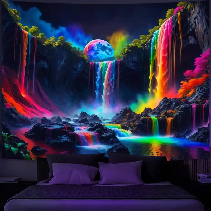 VIKAMA Dazzling Cascading Water Canyon Lunar Orb Black Light Tapestry UV Active Cosmic Wall Poster Home Accent Decor Soft Cozy