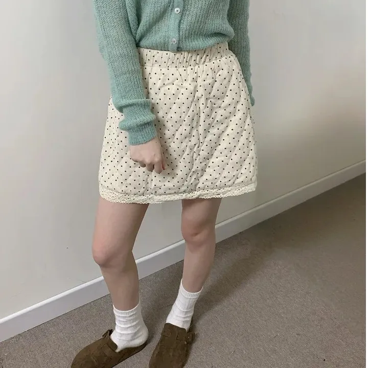 High Waist A-Line  Skirt Women's Chic Faion Dot Lace Trim Sweet Younging Effect Korean Sle Commute Friendly