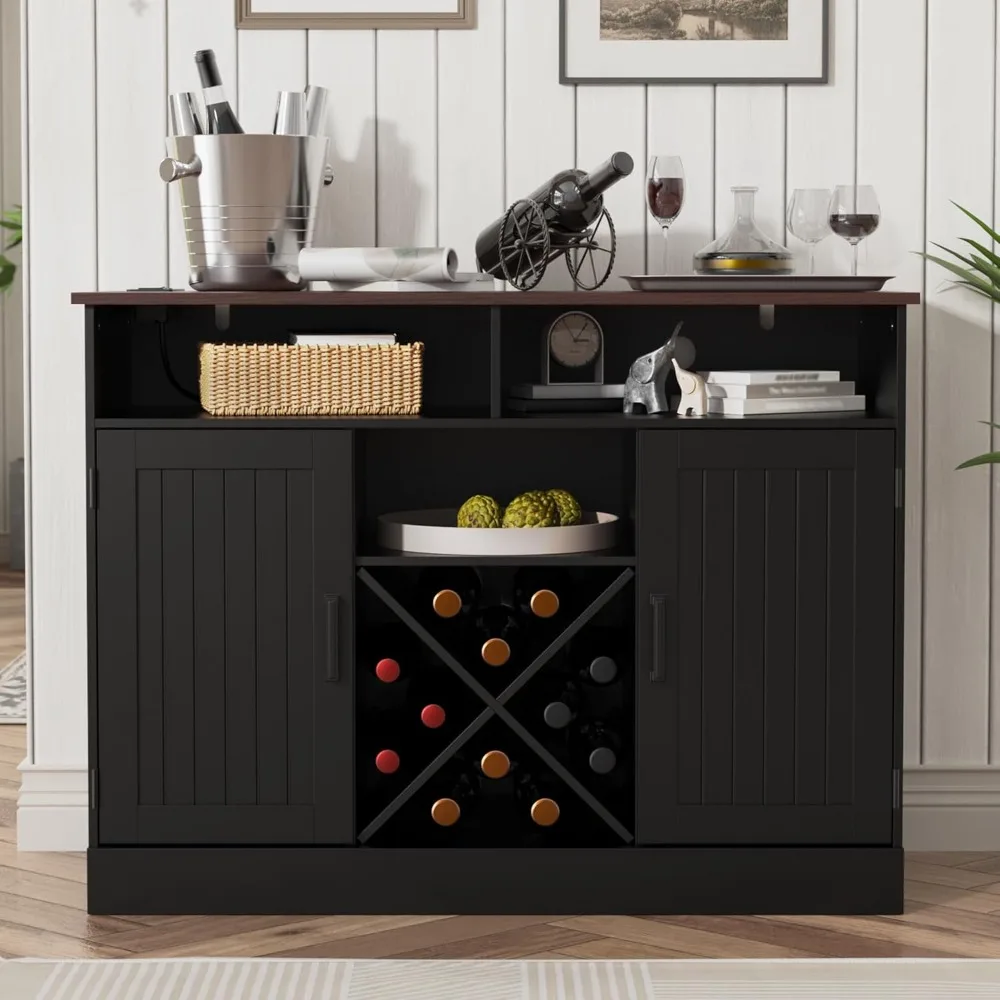 Farmhouse Coffee Bar Cabinet with Prower Outlets, Rustic Liquor Cabinet with Wine Rack, Wooden Wine Cabinet for Dining Room