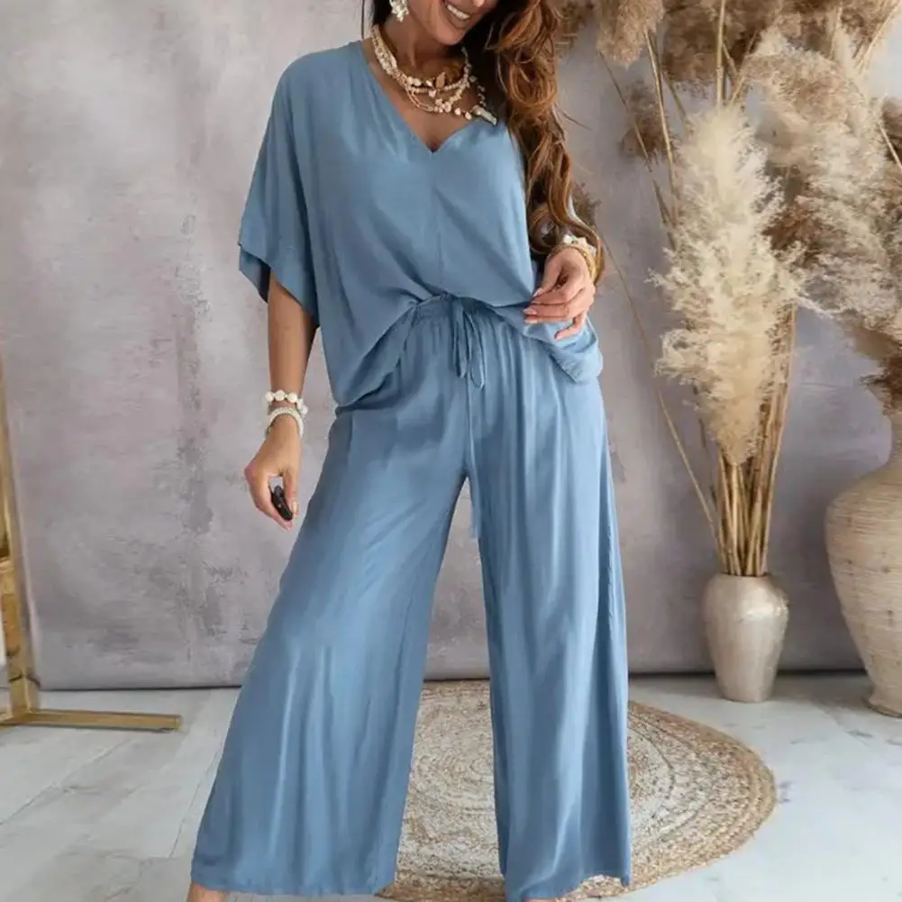 2 Pcs/Set Tracksuit Women Solid Color V Neck Half Sleeve Loose Pullover Drawstring Pants Sets Summer Lady ensemble jogging femme