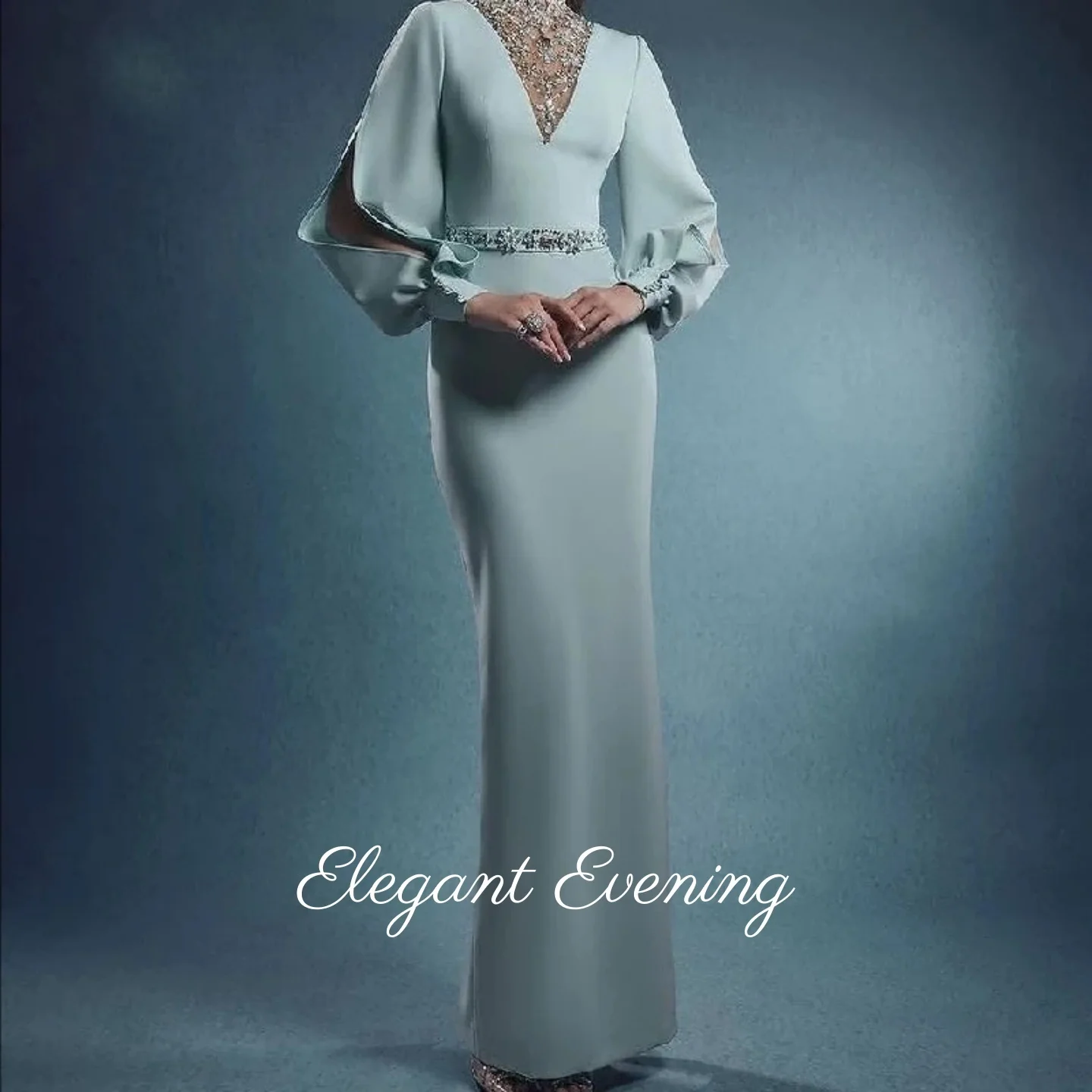 Vestidos de noite com gola alta, lantejoulas, mangas bufantes, vestido de baile, pedras personalizadas, trompete, sereia, vestido de festa de casamento 2026