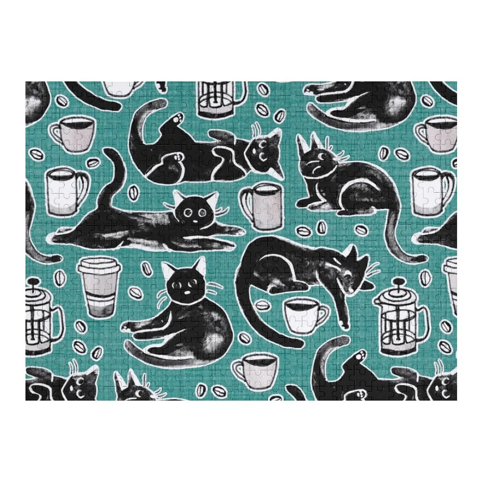 

Black Cats & Coffee on Teal Jigsaw Puzzle Wooden Adults Baby Toy Puzzle