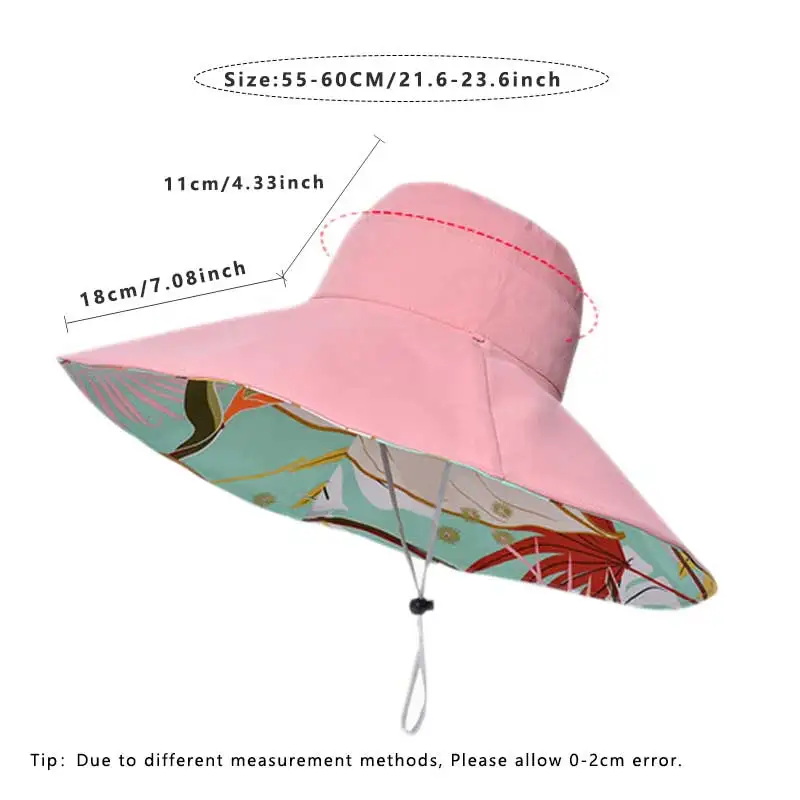 Sombrero de ala grande de 18cm para mujer, gorra de algodón con estampado de doble cara de plantas, ligera y transpirable, para verano