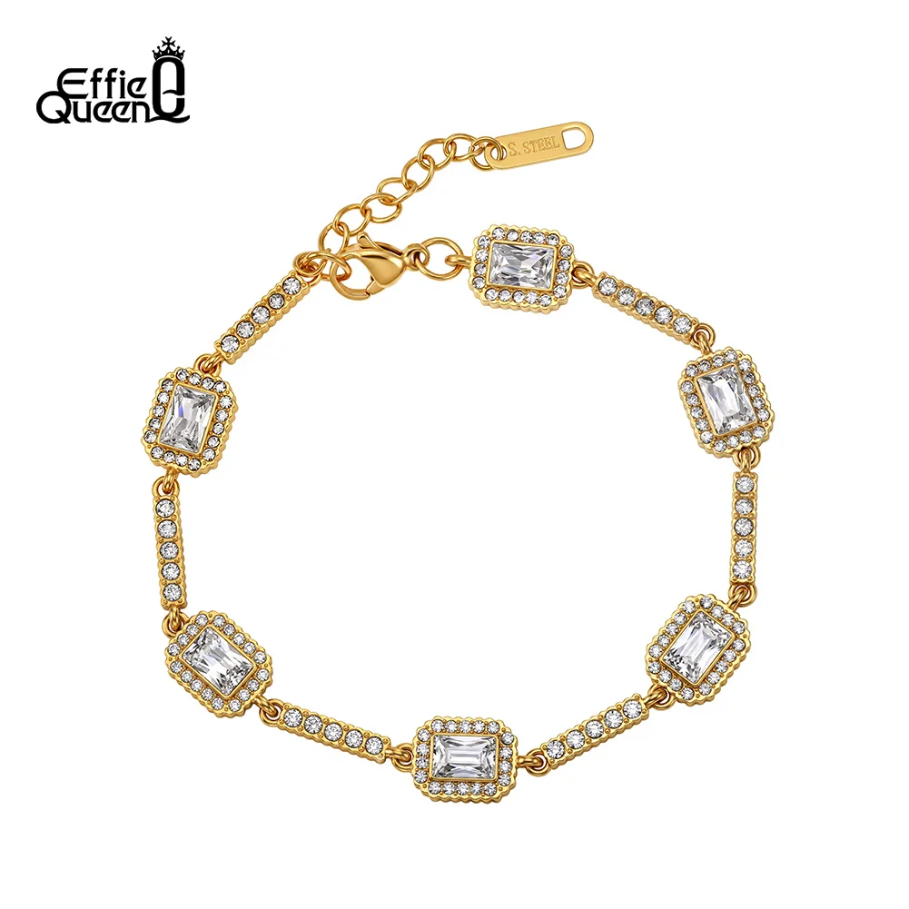 EFFIE QUEEN Sparkling Square Tennis Bracelet 18K Gold Plated Stainless Steel Bracelet Trendy Cubic Zircon Women Jewelry STKB32