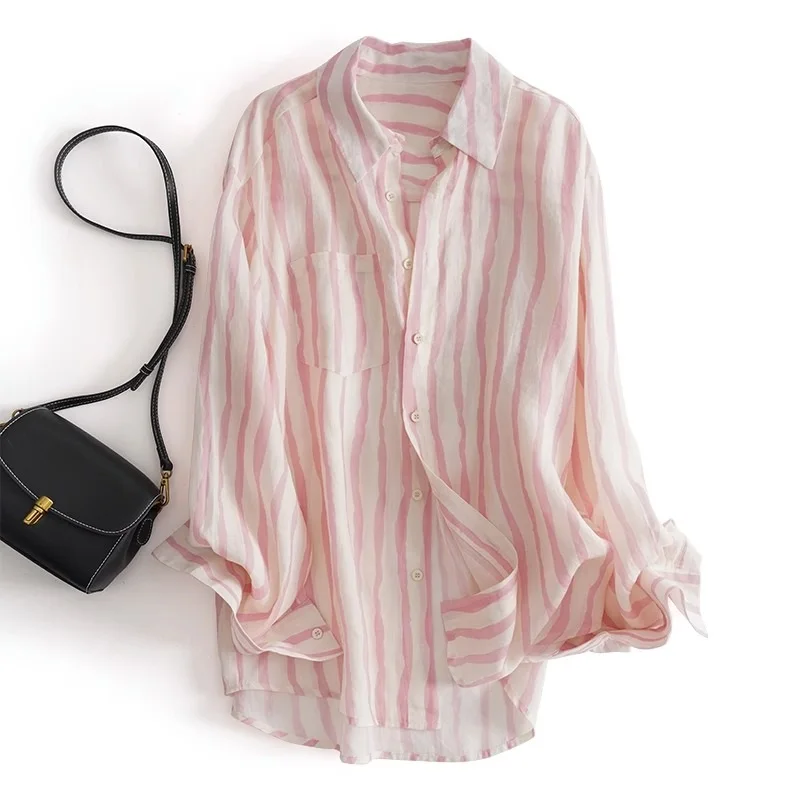 

Pink Striped Women's irt Summer Thin Hemp Sunscreen Air Conditioned Top Faionable Long Sve Collar Regular Fit